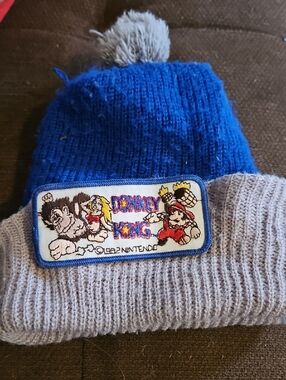 Vintage Donkey Kong Blue & Gray Kids Pom Beanie Hat